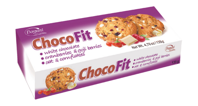 Choco Fit – Kruche ciasteczka z płatkami owsianymi, kukurydzianymi, białą czekoladą, owocami goji i żurawiną